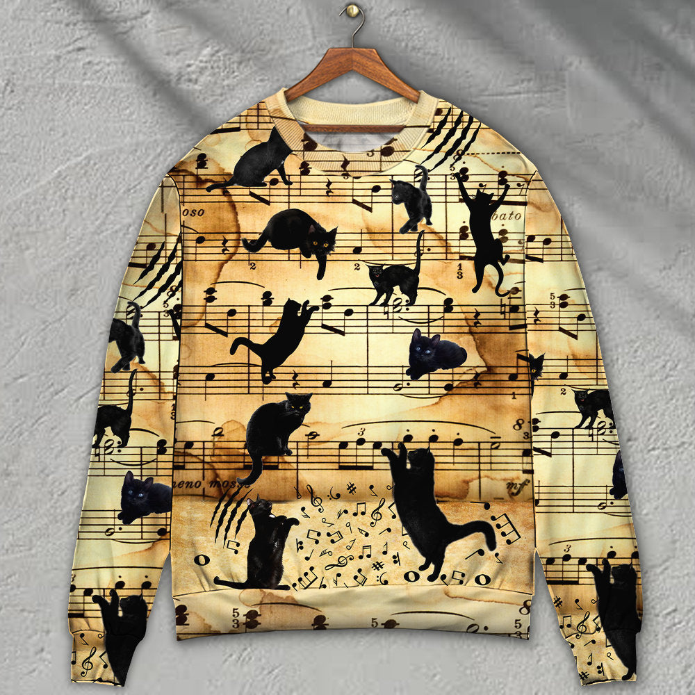 Black Cat Music Notes Sweater For Live Events Travel And Relaxed Creative Outfits