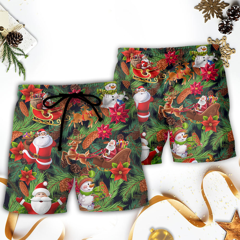 Christmas Santa Snowman Beach Shorts Pattern Detail For Summer Travel And Comfortable Daily Use