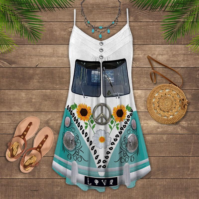 Artistic Hippie Van Retro V-Neck Sleeveless Cami Dress For Outdoor Gatherings And Colorful Summer Style