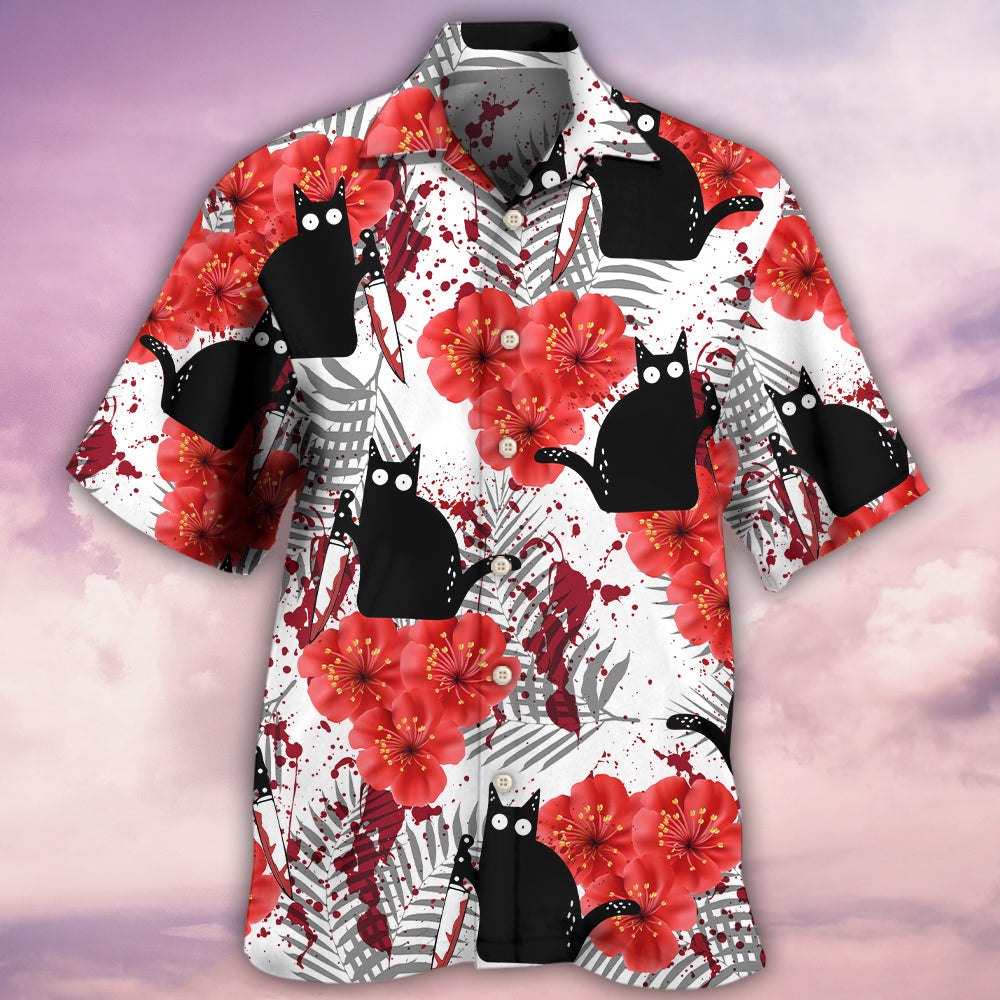 Black Cat Blood Stains Hawaiian Shirt Artwork View For Coastal Escapes And Resort Style