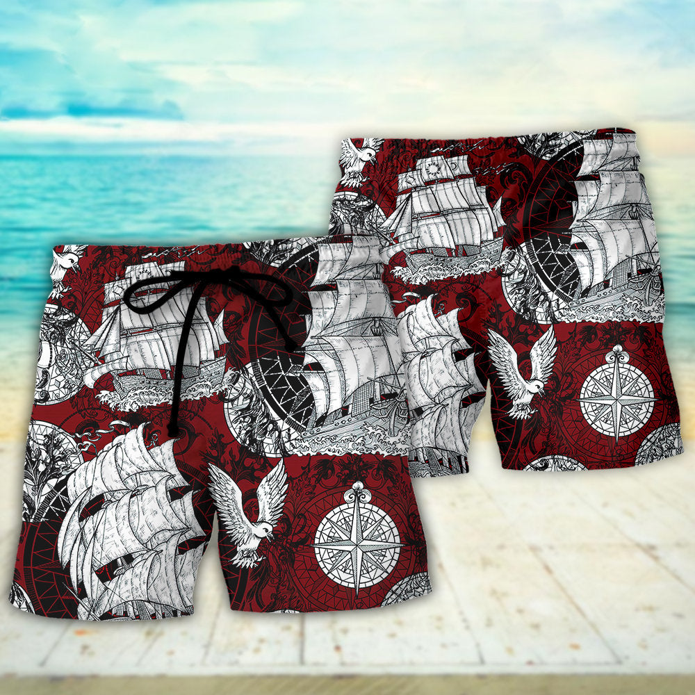 Vintage Sailing Ship Anchor Sea Beach Shorts Pattern View For Vacation Travel And Outdoor Fun