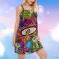 Hippie Mushroom Hypnotizing V-Neck Sleeveless Cami Dress For Vacations And Artistic Everyday Fashion