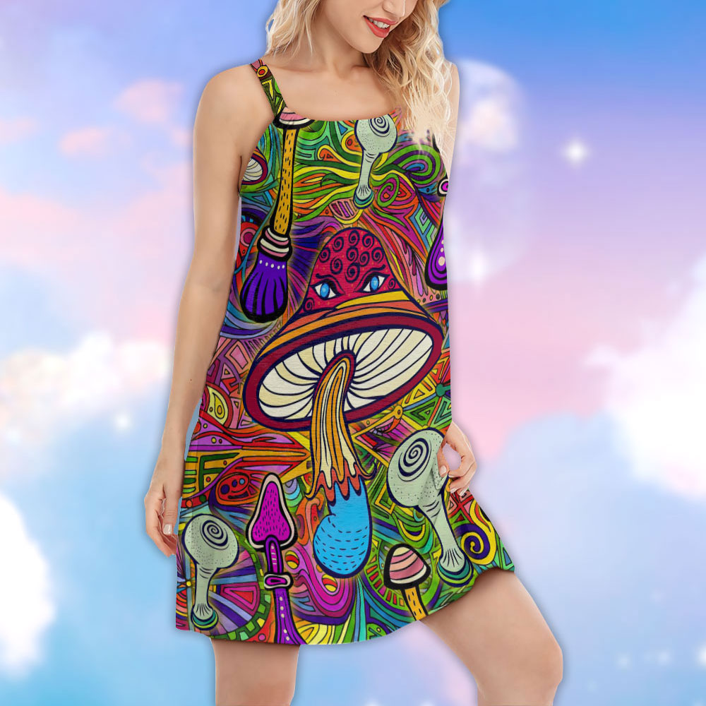 Hippie Mushroom Hypnotizing V-Neck Sleeveless Cami Dress For Vacations And Artistic Everyday Fashion