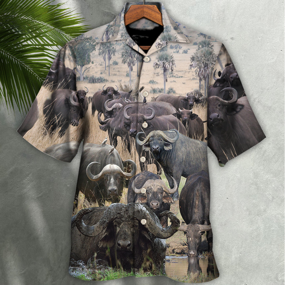 Buffalo Creative Pattern Hawaiian Shirt Collar And Front View For Casual Outings