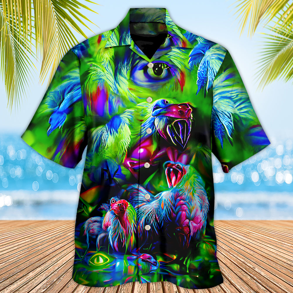 Funny Neon Crowing Rooster Hawaiian Shirt For Resort Getaways And Comfortable Summer Activities