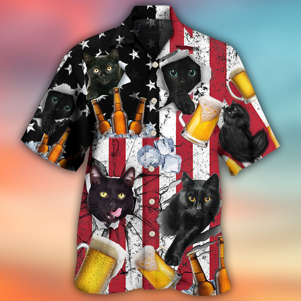 Black Vintage Cat Beer American Flag Hawaiian Shirt For Resort Getaways And Comfortable Summer Activities