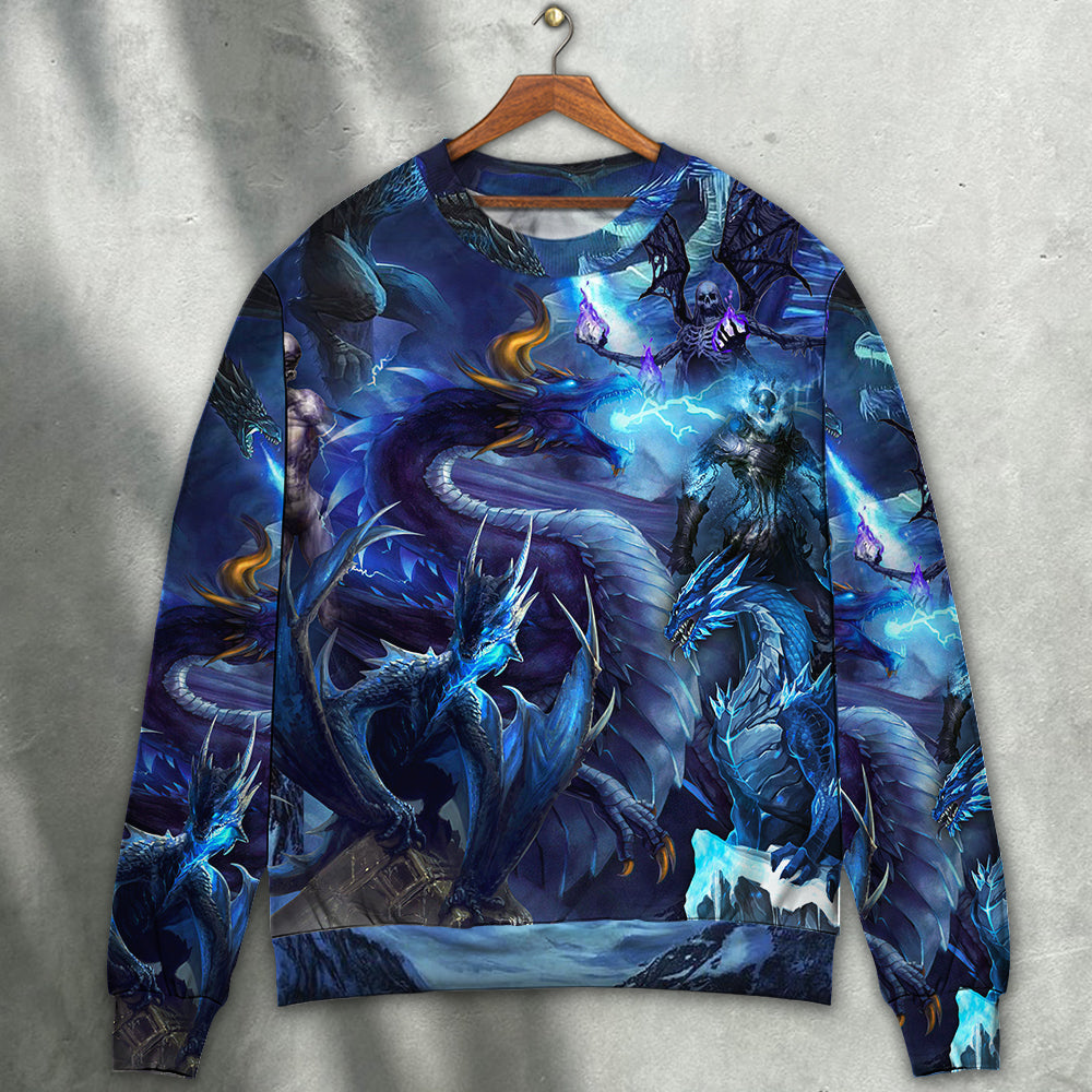Blue Dragon Skull Fire Lightning Sweater For Fantasy Fans Casual Outings And Weekend Adventures