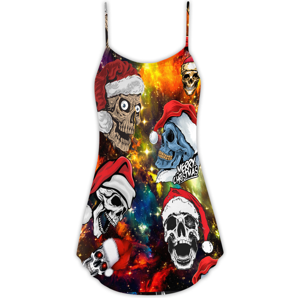 Christmas Skull Santa Hat Theme V-Neck Sleeveless Cami Dress For Festivals Travel And Relaxed Casual Summer Wear