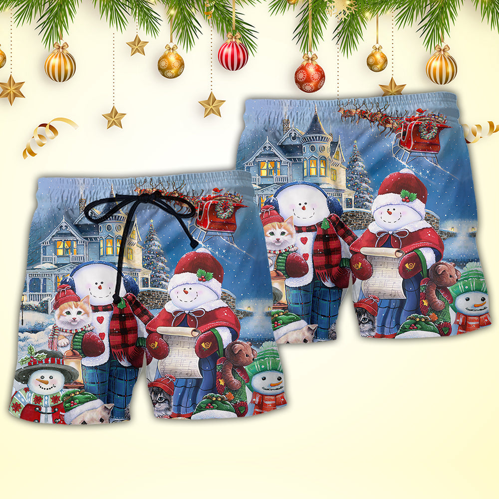 Christmas Snowman Family Love Beach Shorts Pattern View For Coastal Holidays And Casual Activities