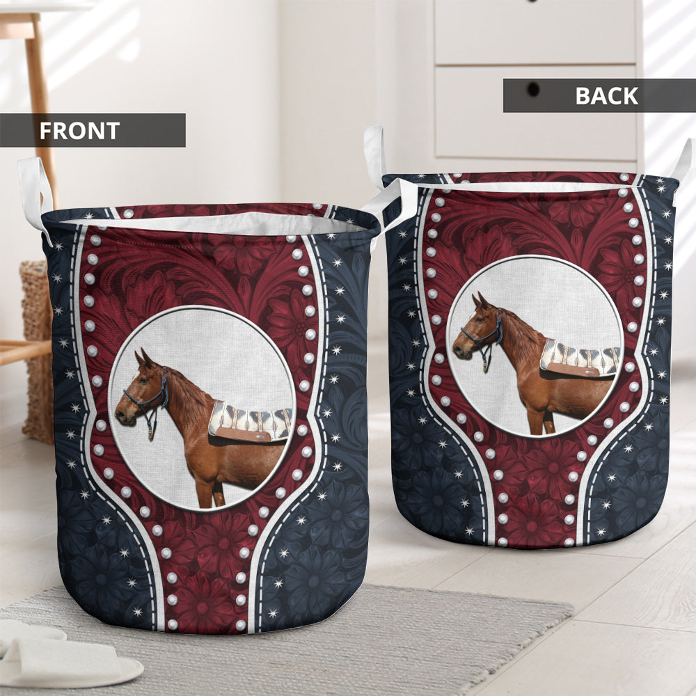 Small Size Horse Navy Leather Blue And Red Laundry Basket For Room Home Organizer