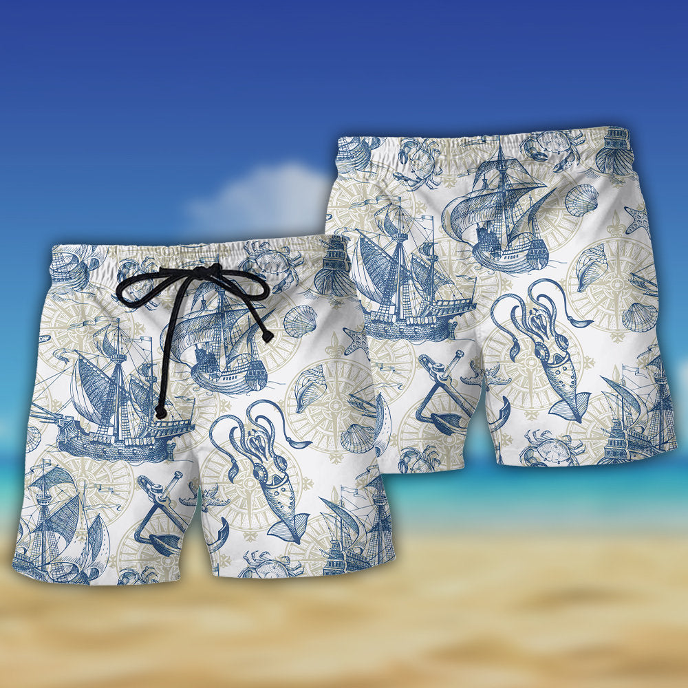 Vintage Sailboat Sea Monster Map Beach Shorts For Resort Travel And Thoughtful Summer Gifting