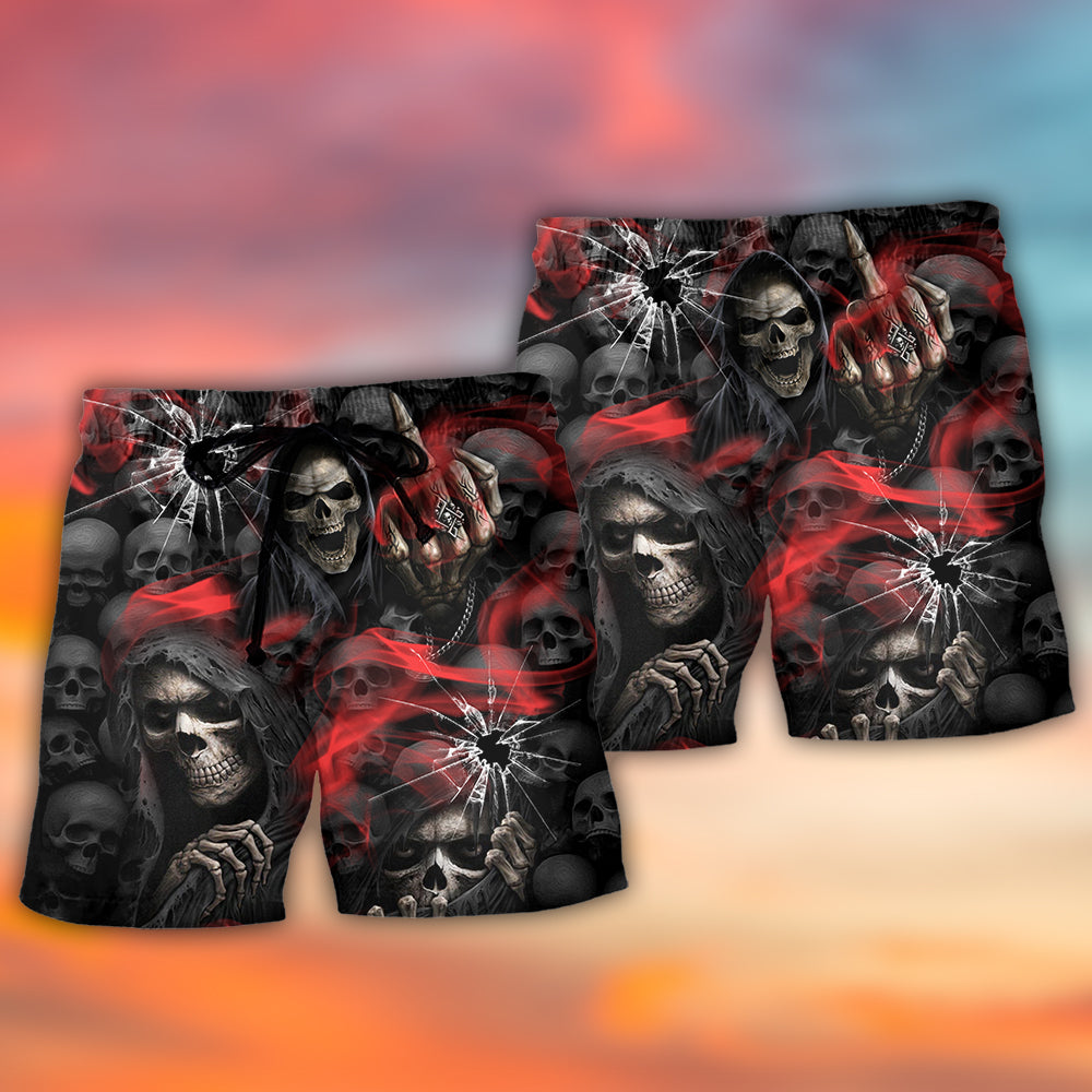 Skull Dark Red Smoke Beach Shorts Artwork Detail For Comfortable Everyday Summer Wear