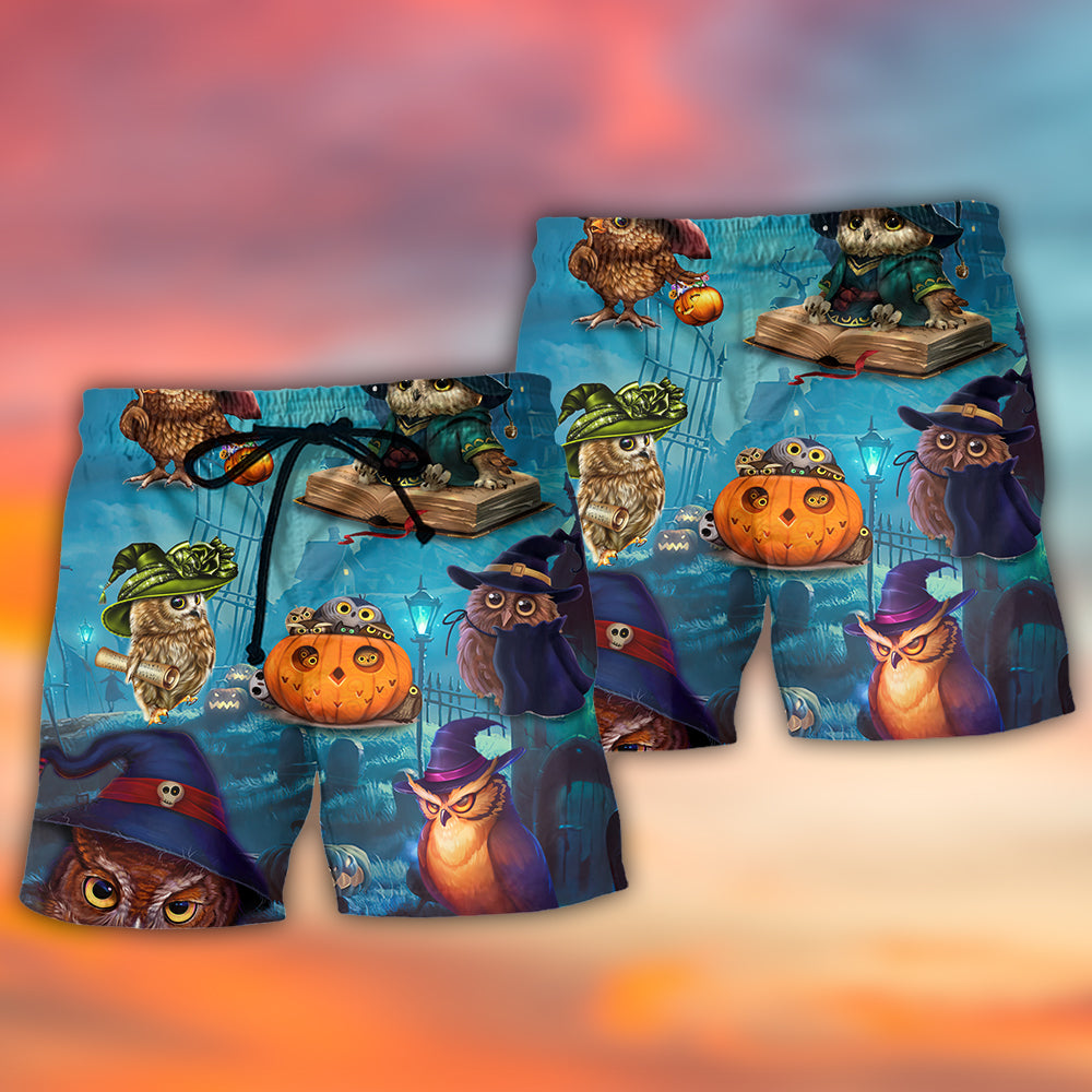 Halloween Owl Witch Night Sky Beach Shorts Pattern Detail For Beachside Relaxation And Casual Outdoor Comfort