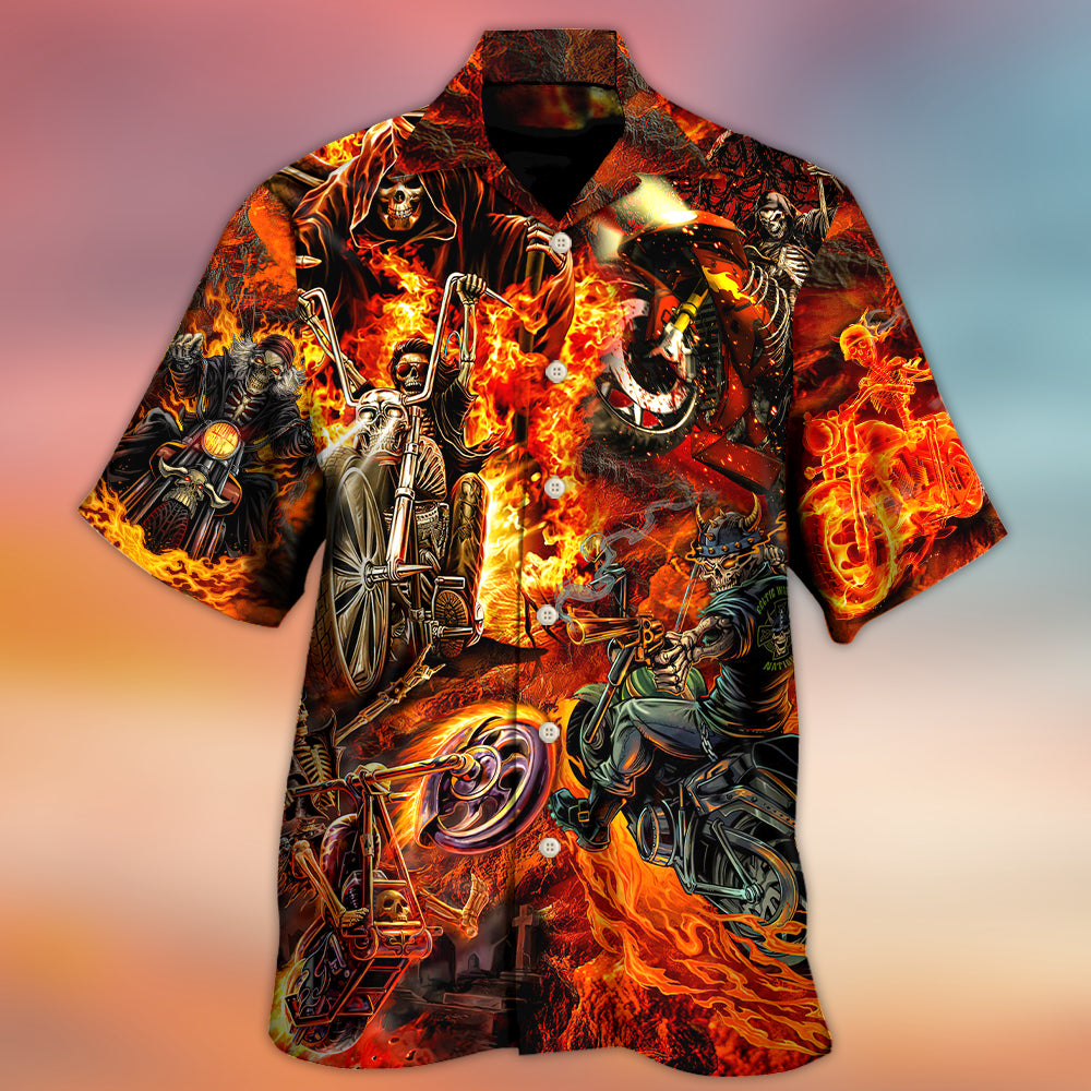 Motorcycle Skull Fire Burning Hawaiian Shirt Pattern Detail For Vacation Travel And Daily Wear