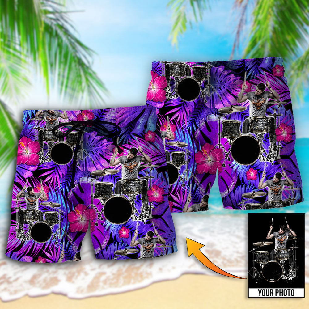Drum Purple Tropical Leaf Personalized Photo Beach Shorts For Tropical Getaways And Weekend Adventures