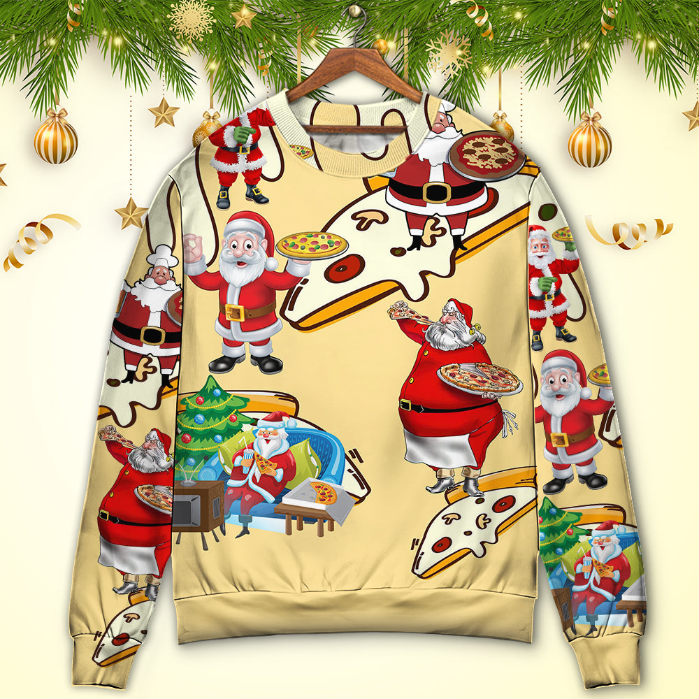 Christmas Santa Eating Pizza Fun Sweater For Winter Parties Seasonal Adventures And Relaxed Everyday Styling