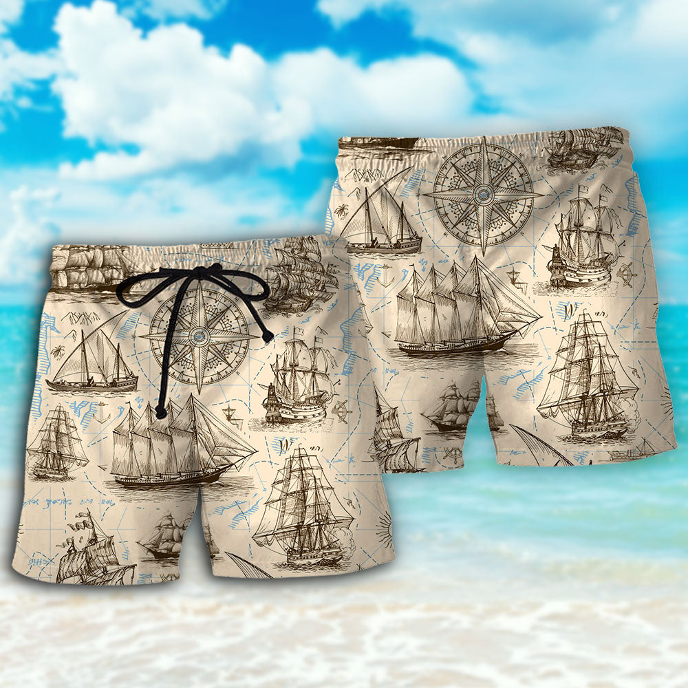 Vintage Pirate Sailing Map Beach Shorts Pattern Detail For Summer Adventures And Everyday Comfort