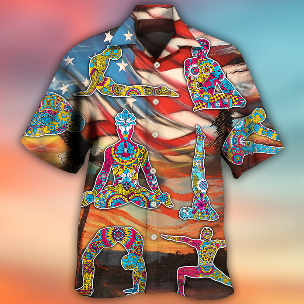 Yoga Independence Day Pose Hawaiian Shirt Artwork Detail For Resort Trips And Outdoor Activities