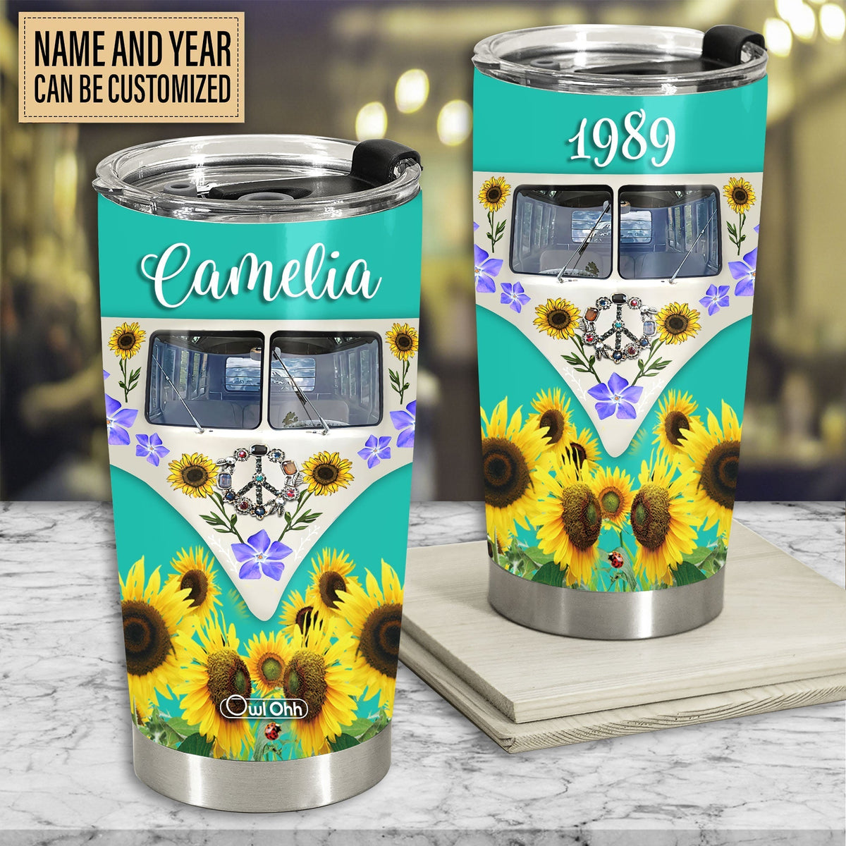 Hippie Van With Sunflower Personalized 20 Oz Tumbler For Coffee Travel And Daily Drinks