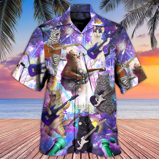 Cat Playing Guitar Galaxy Music Hawaiian Shirt Artwork Detail For Tropical Trips And Casual Outings