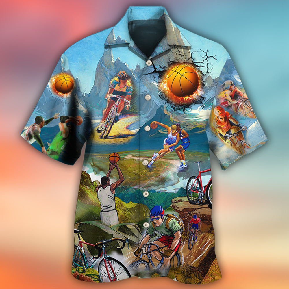 Watercolor Basketball Cycling Mountain Hawaiian Shirt Pattern Detail For Summer Holidays And Outdoor Fun