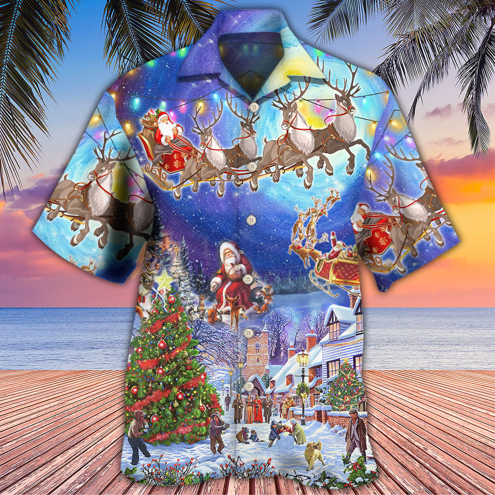 Christmas Santa Snowy Night Village Hawaiian Shirt Artwork View For Weekend Travel And Beach Style