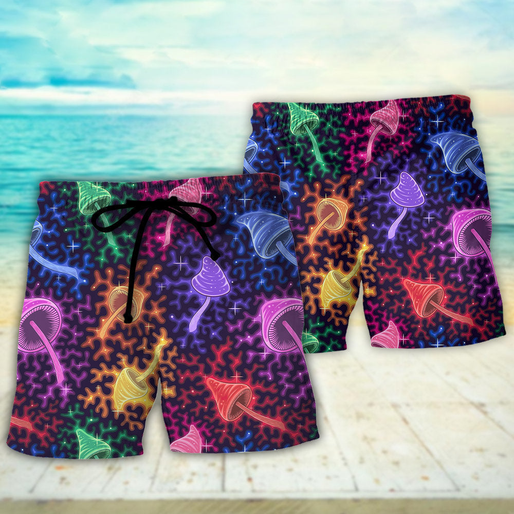 Galaxy Mushroom Rainbow Colorful Beach Shorts Pattern Detail For Sunny Outdoor Activities