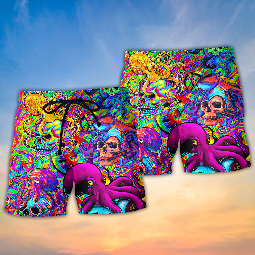 Hippie Skull Octopus Tie Dye Beach Shorts Artwork Detail For Tropical Travel And Everyday Wear