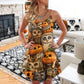 Halloween Owl Pumpkin Pattern V-Neck Sleeveless Cami Dress For Festivals Travel And Relaxed Casual Summer Wear