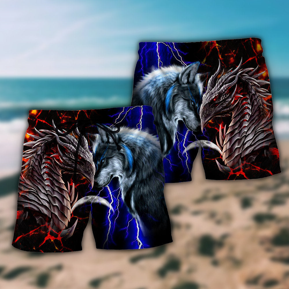 Dragon Wolf Red Blue Beach Shorts Pattern Detail For Coastal Leisure And Warm Weather Wardrobe