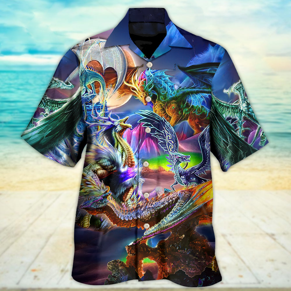 Neon Colorful Dragon Legends Hawaiian Shirt Artwork Detail For Tropical Trips And Casual Outings