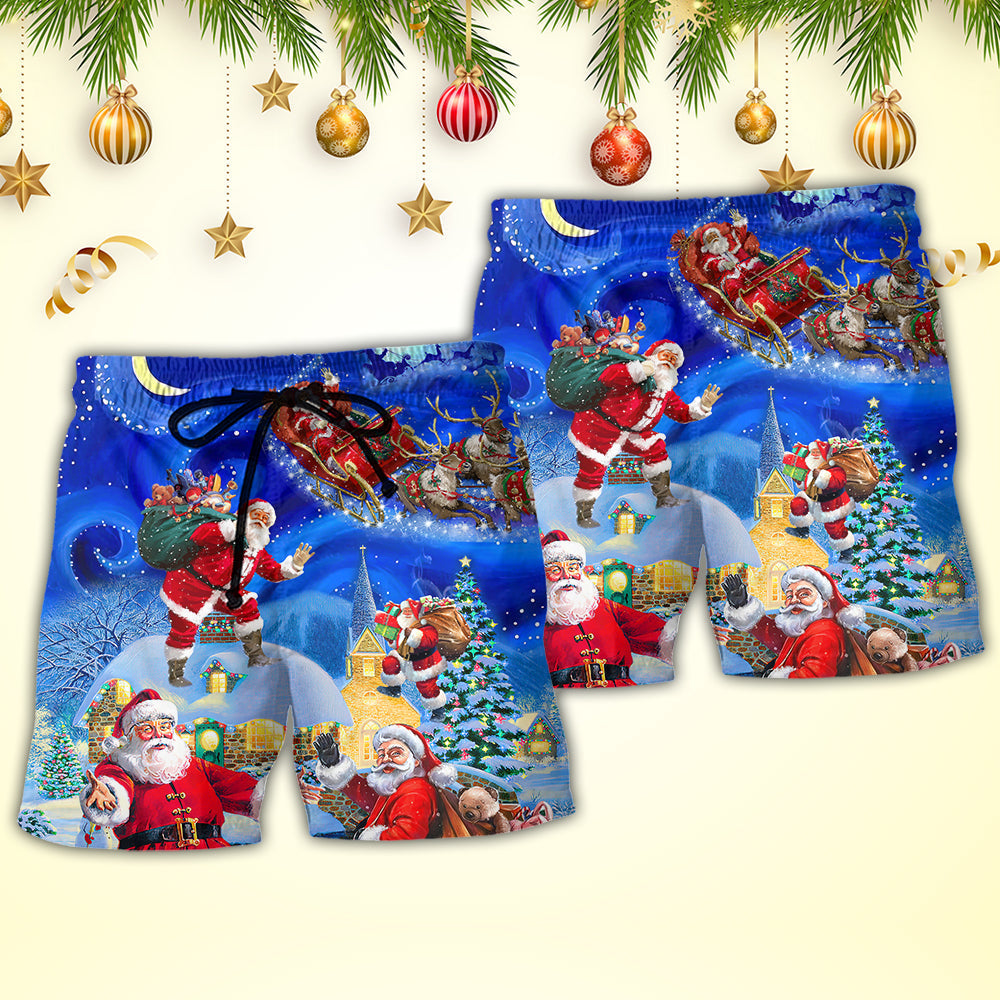 Christmas Santa Magic Beach Shorts Pattern Detail For Resort Wear And Leisure And Relaxation