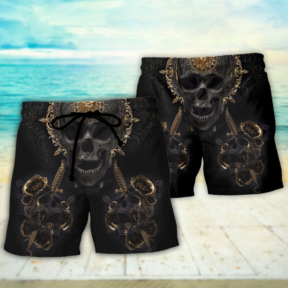 Golden Skull True King Fantasy Beach Shorts Pattern View For Resort Days And Outdoor Activities