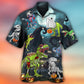 Halloween Spooky Zombie Dinosaur Hawaiian Shirt Pattern Detail For Warm Weather Events