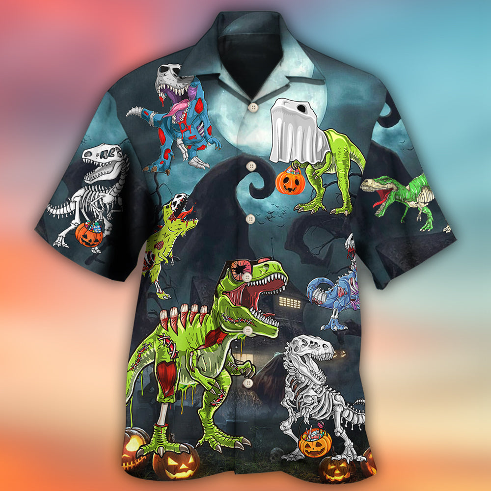 Halloween Spooky Zombie Dinosaur Hawaiian Shirt Pattern Detail For Warm Weather Events