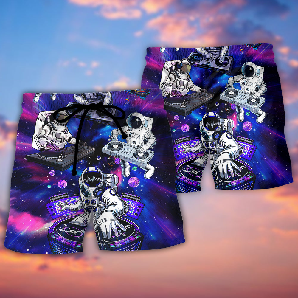 DJ Astronaut Galaxy Stage Beach Shorts Pattern View For Coastal Trips And Outdoor Events