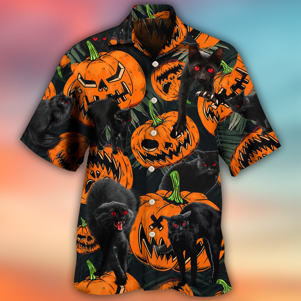 Halloween Tropical Cat Pumpkin Hawaiian Shirt Summer Design Detail For Casual Outings