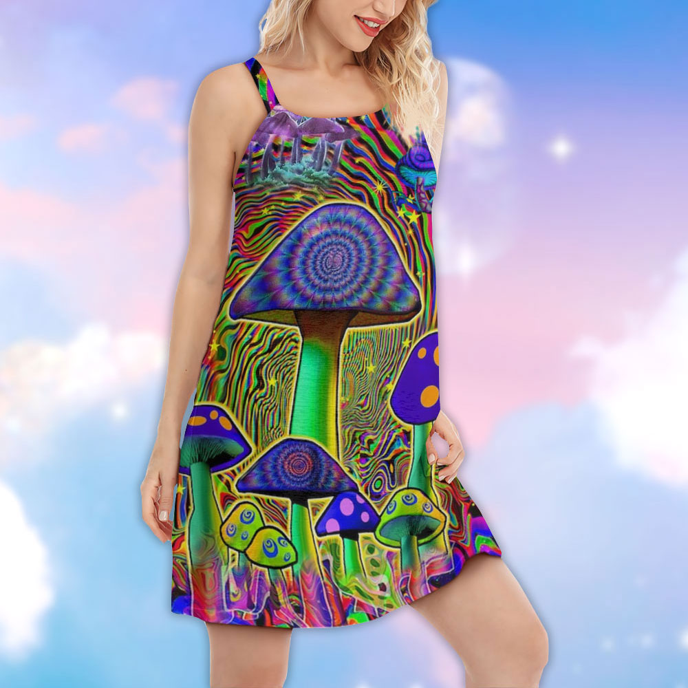 Hippie Mushroom Colorful Spirit V-Neck Sleeveless Cami Dress For Creative Events And Casual Warm Weather Wear