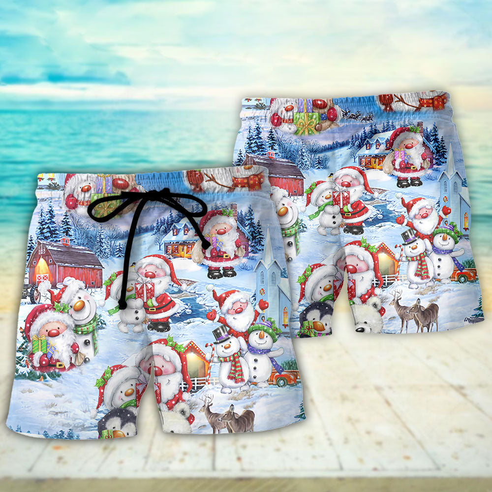 Santa And Snowman Christmas Celebration Beach Shorts For Beach Trips And Relaxed Vacation Styling