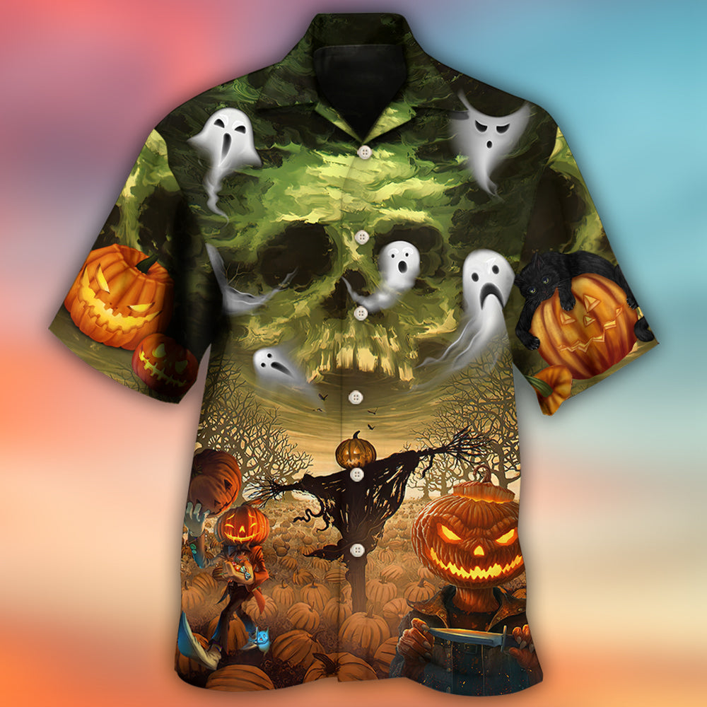 Halloween Crazy Pumpkin Ghost Hawaiian Shirt Pattern Detail For Tropical Vacations