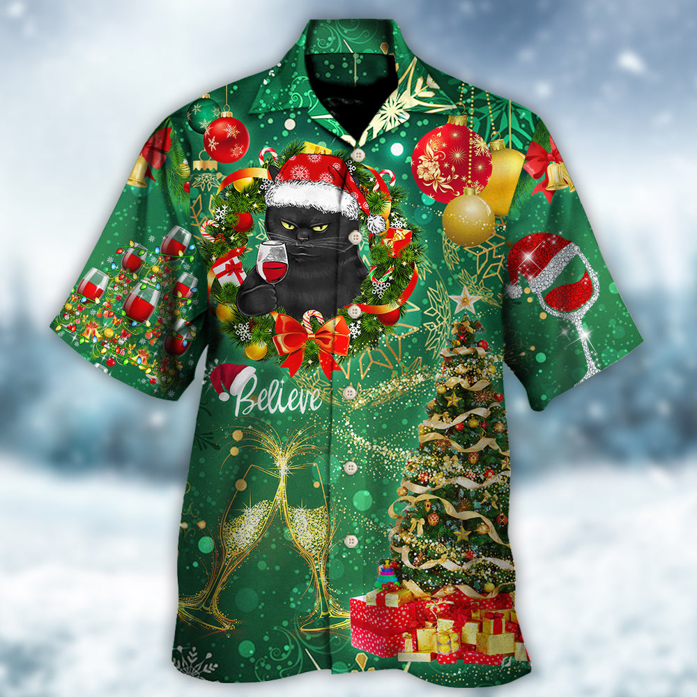 Black Happy Green Cat Christmas Drinking Tree Hawaiian Shirt Pattern View For Lightweight Everyday Style