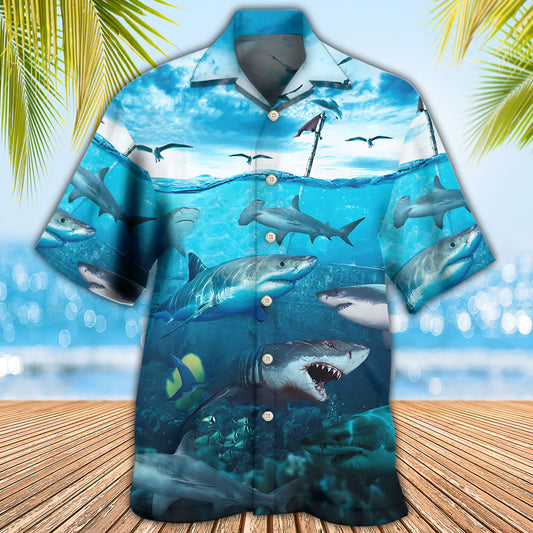 Shark Undersea Darkness Moody Hawaiian Shirt Relaxed Style View For Tropical Vacations