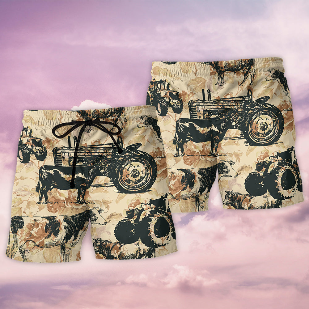 Tractor And Cow Lover Beach Shorts Artwork View For Seaside Trips And Casual Style