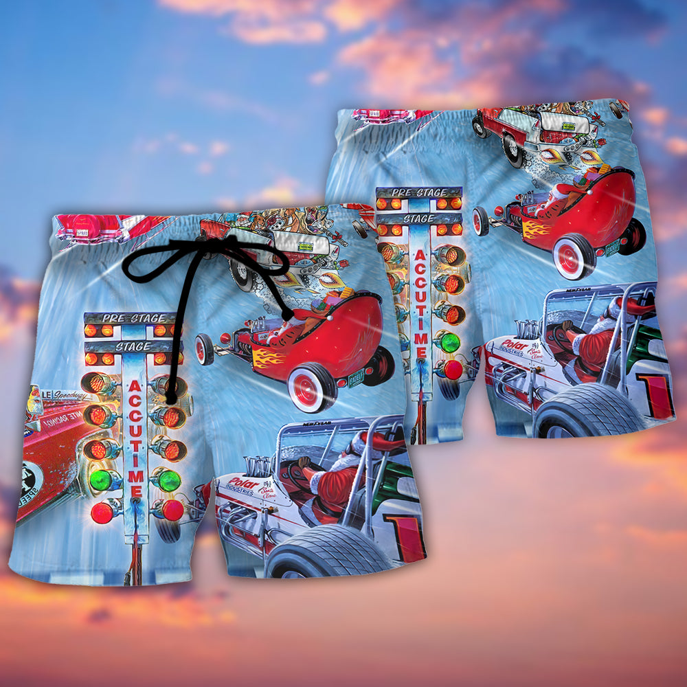 Christmas Light Santa Drag Racing Beach Shorts Pattern Detail For Island Trips And Leisure And Relaxation
