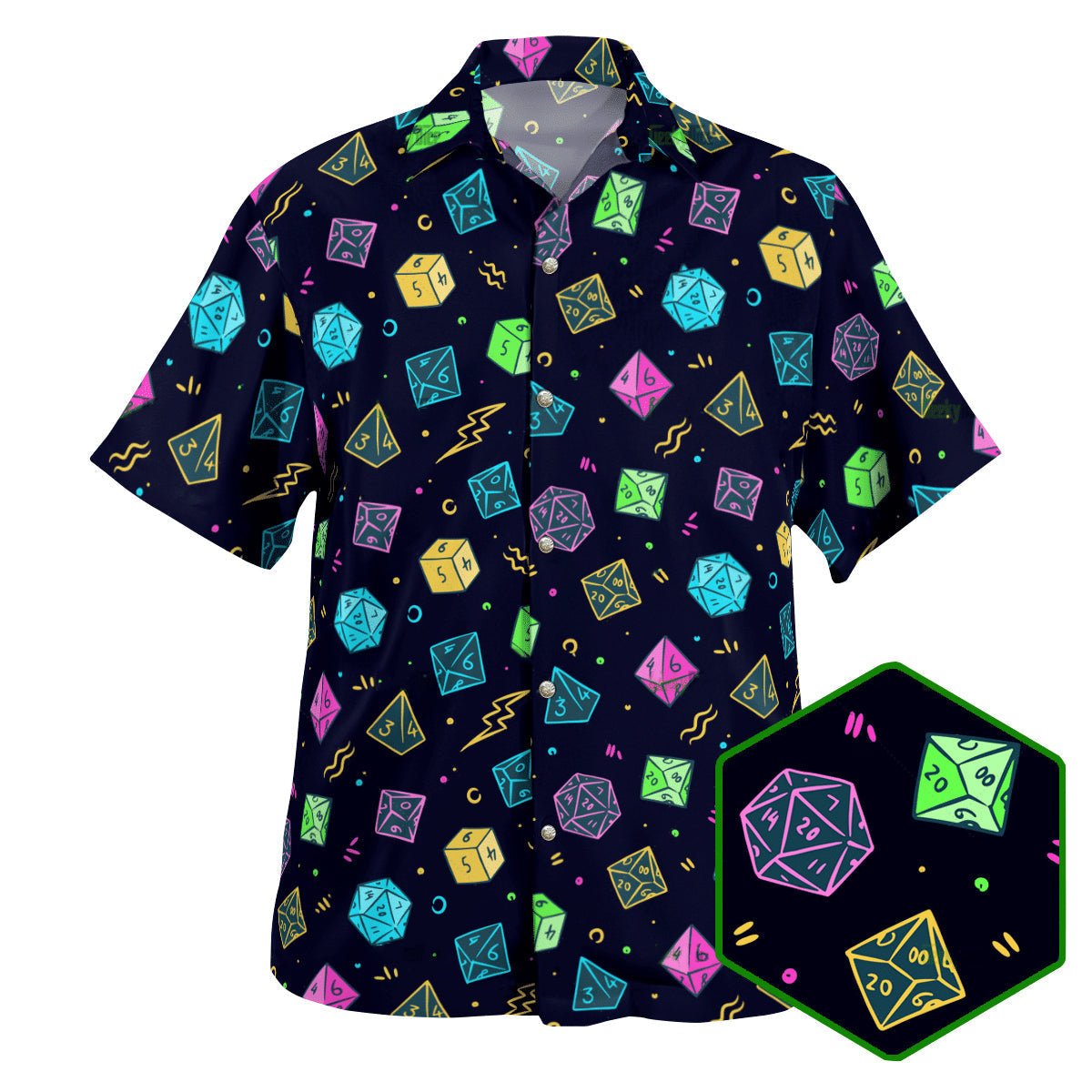 Fantasy Colorful Role Dice Hawaiian Shirt Detailed Pattern View For Coastal Travel