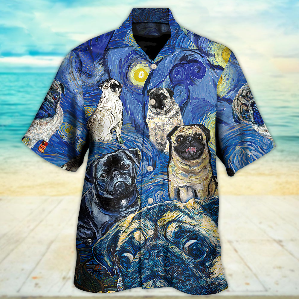 Cute Dog Pug Starry Night Hawaiian Shirt Design View For Casual Summer Styling