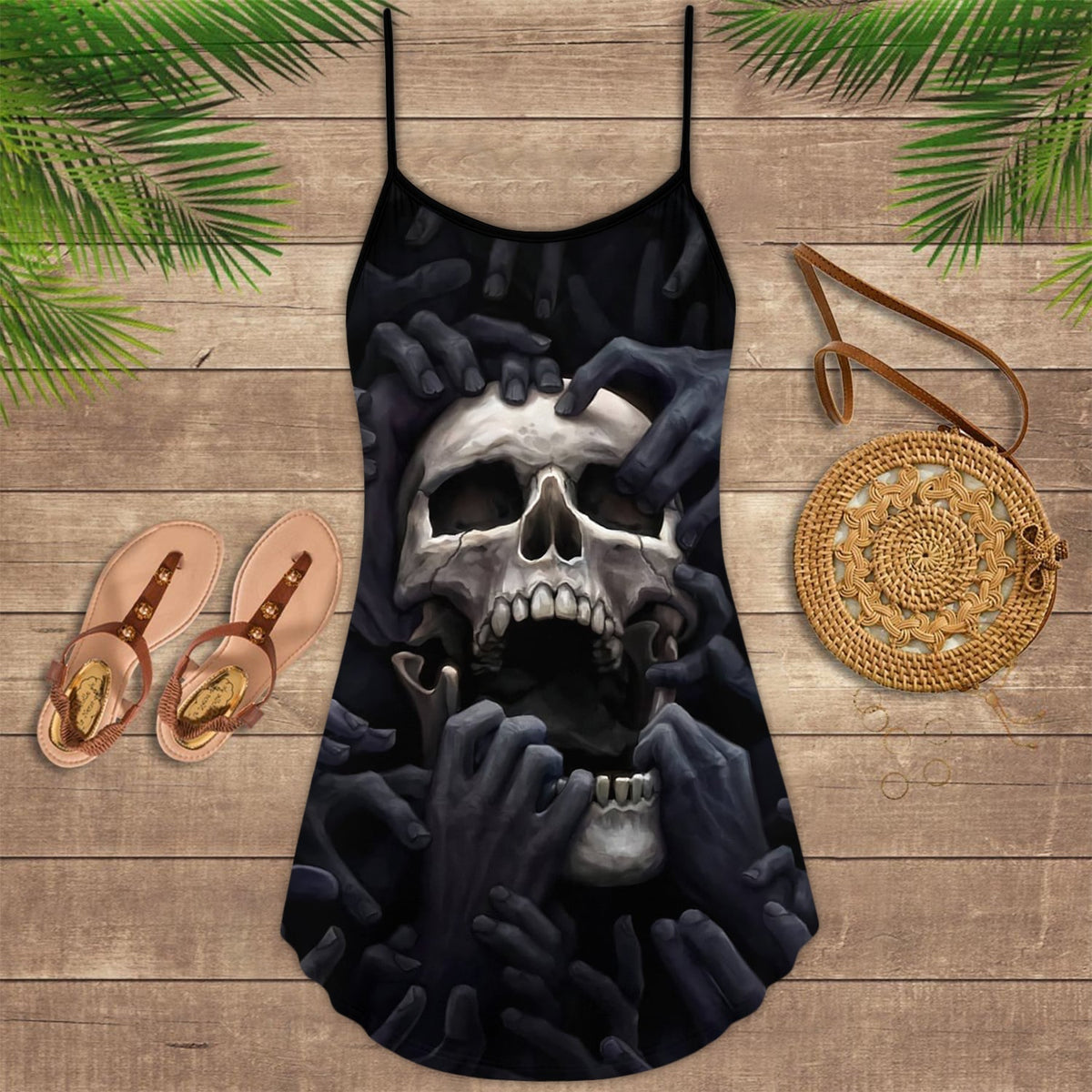 Skull Love Darkness V-Neck Sleeveless Cami Dress For Alternative Festivals And Bold Summer Style