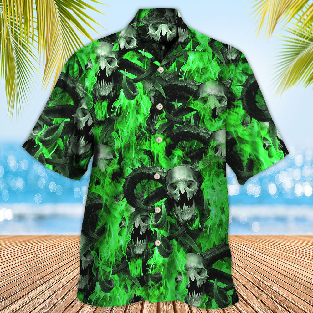 Green Skull Flame Burn Hawaiian Shirt Design View For Resort Travel And Thoughtful Gifting