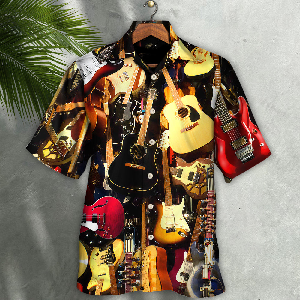 Classic Vintage Guitar Hawaiian Shirt Artwork Detail For Resort Trips And Outdoor Activities