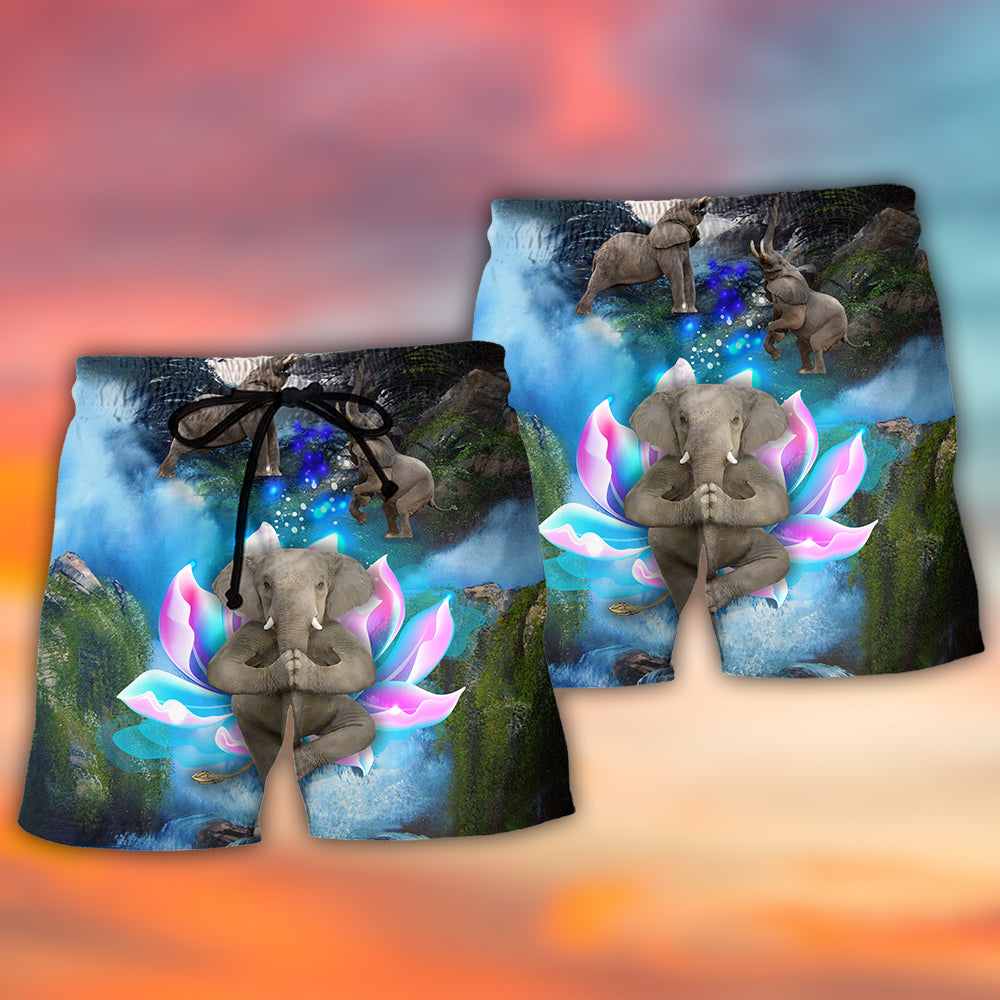 Elephant Yoga Waterfall Pose Beach Shorts Artwork Detail For Comfortable Everyday Summer Wear